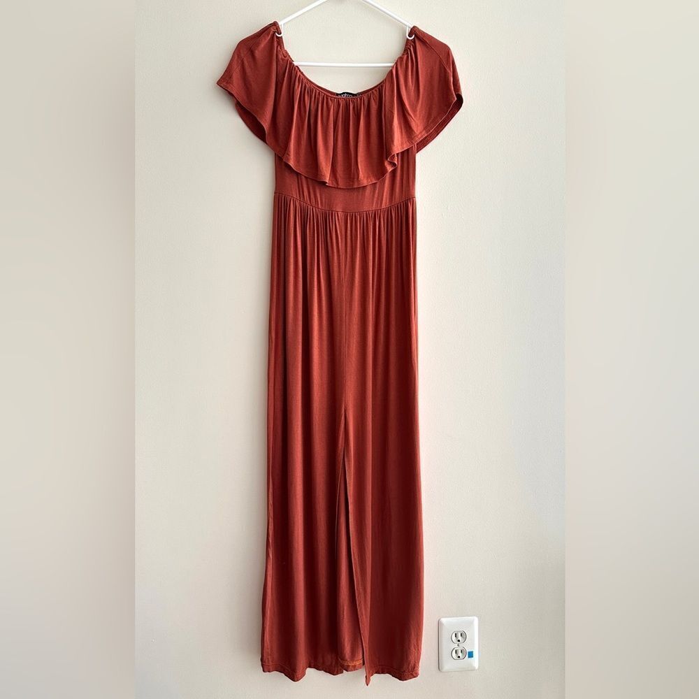 boohoo Stretch Midi Dress, Ruffled Off the Shoulder Sleeves, Burnt Orange,Size 6